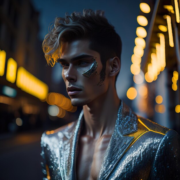 Handsome man in silver jacket posing in the street