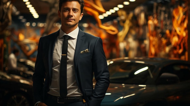 Handsome man in a suit a manager in a car dealership selling cars