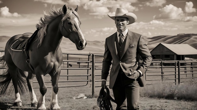 Handsome man in suit at ranch by horse