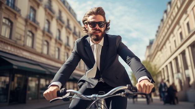 スーツを着たハンサムな男性が自転車に乗っています