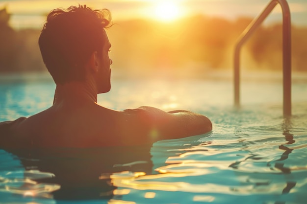 사진 잘생긴 남자가 수영장에서 수영을 하고, 이른 아침의 평온을 즐기고, 남자는 오렌지색의 부드러운 색조를 가진 하늘을 향한 야외 수영장에서 휴식을 취하고 있다.