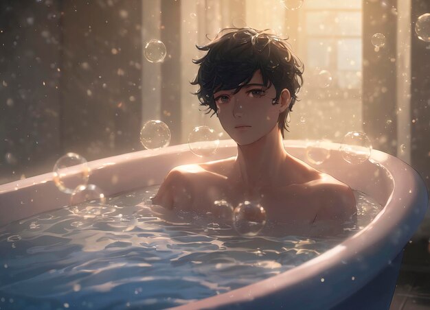 A handsome man takes a bath with soap bubbles