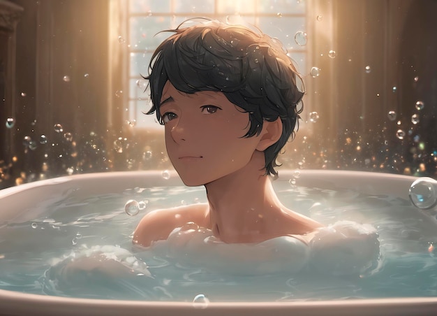 A handsome man takes a bath with soap bubbles