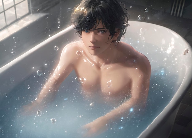 A handsome man takes a bath with soap bubbles