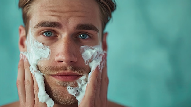 Handsome man taking care of face skin after shaving Banner background design