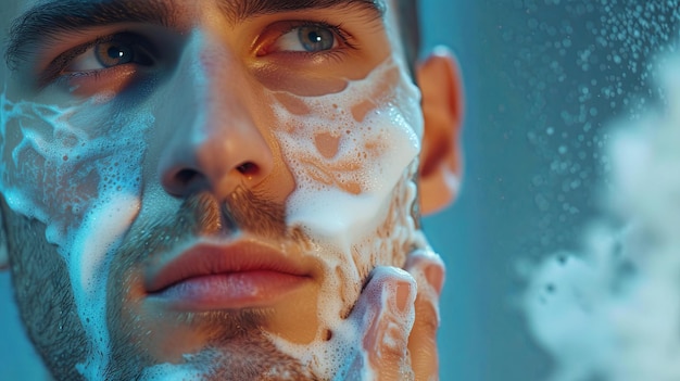 Handsome man taking care of face skin after shaving Banner background design