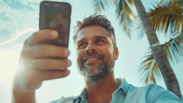 Handsome man taking a selfie on vacation Generative AI