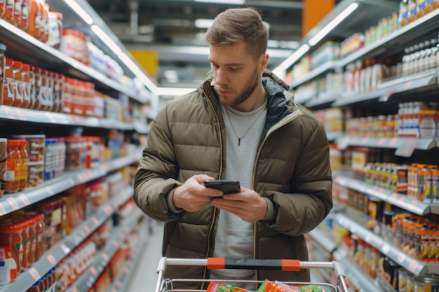 Handsome man uses smartphone to check canned goods nutrition