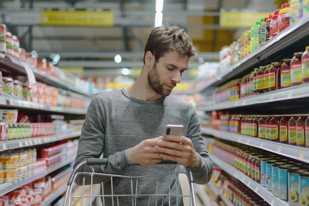 Handsome man uses smartphone to check canned goods nutrition