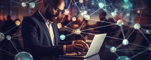 A handsome man using for laptop in this digital office