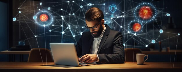 A handsome man using for laptop in this digital office