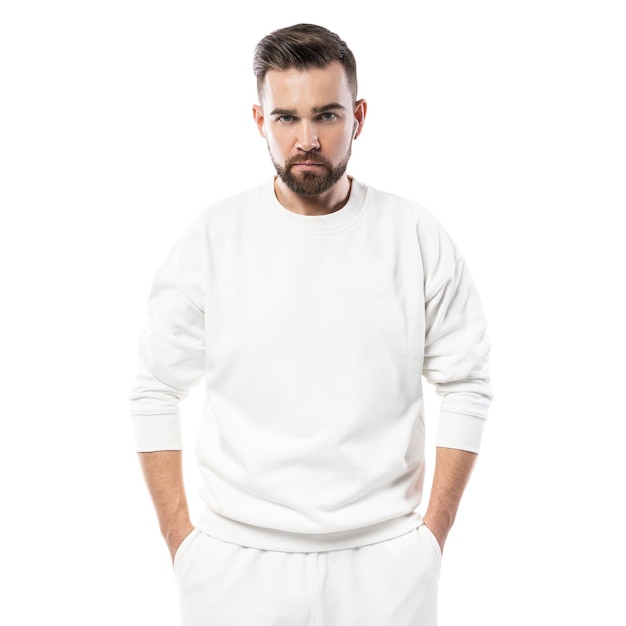 Handsome man wearing blank white sweatshirt isolated on white background