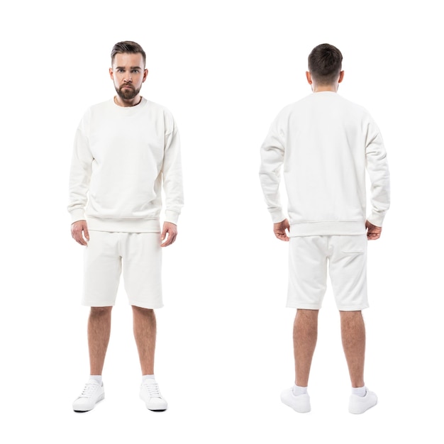 Handsome man wearing blank white sweatshirt and shorts isolated on white background