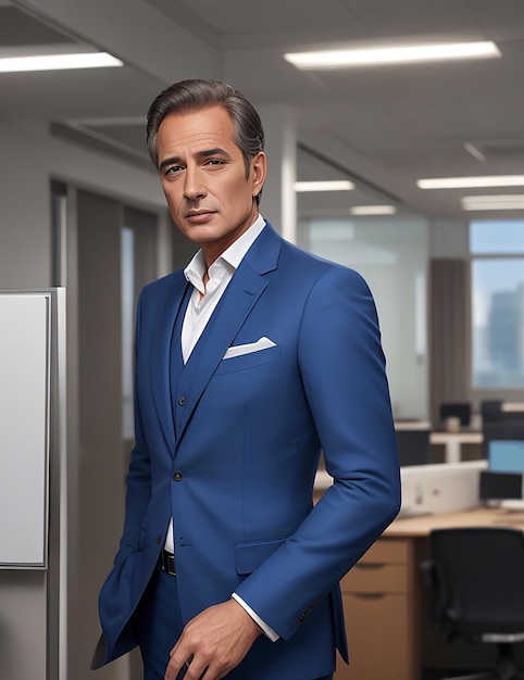 사무실에서 파란 양복을 입은 잘생긴 남자