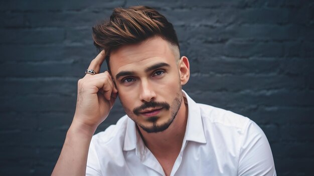 Handsome man in white shirt posing attractive guy with fashion hairstyle