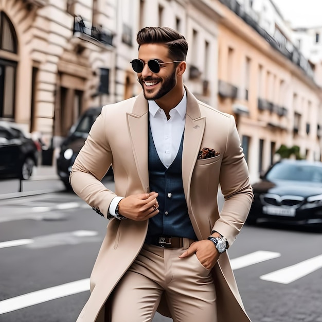 handsome man in winter jacket posing in the street