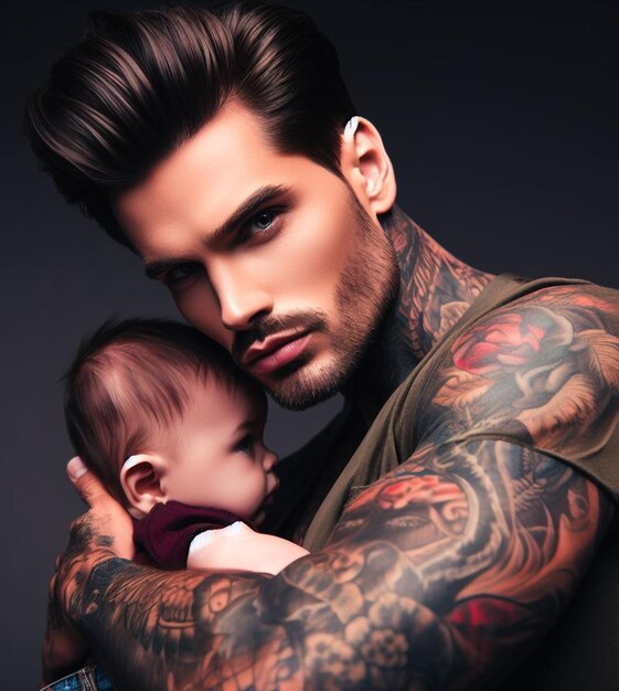 Photo handsome man with baby on his lap