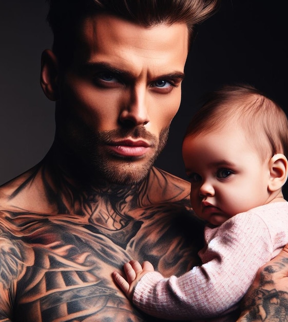 Photo handsome man with baby on his lap