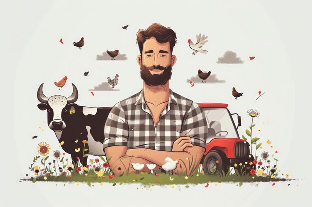 Photo handsome man with beard cow and chicken at farm concept businessman farmer character with animals