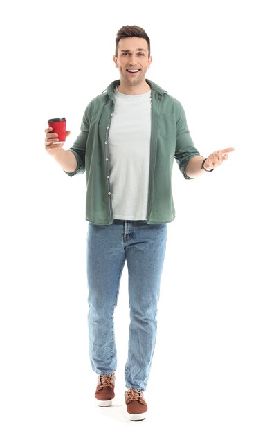 Handsome man with coffee on white space