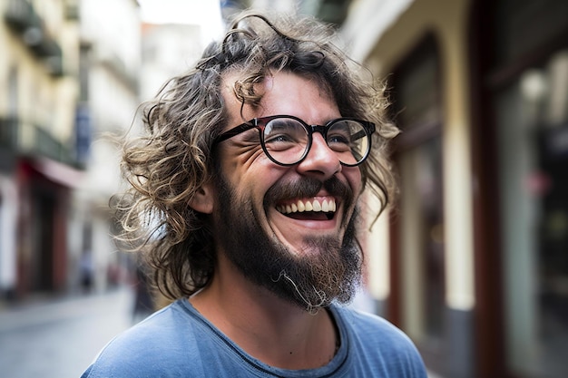 Handsome man with curly hair and glasses on the streets of Barcelona