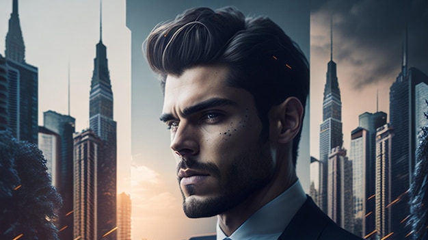 A handsome man with double exposure city effect mockup ai generative