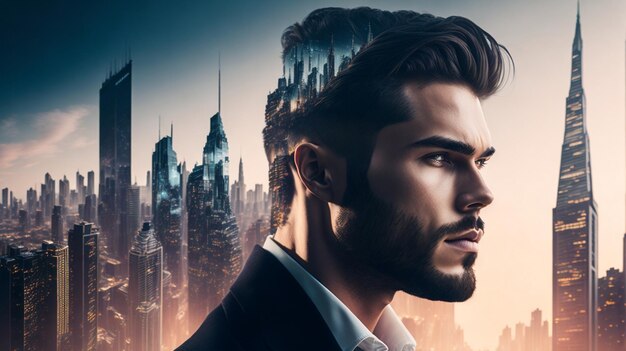 A handsome man with double exposure city effect mockup ai generative