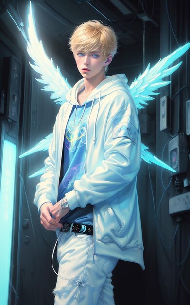 Photo handsome man with futuristic angel wings angel anime boy anime angel man neon color futuristic