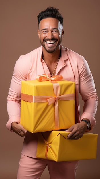 Handsome man with Gift box on light dark background with happy face and smile