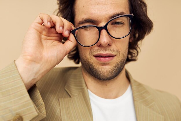 Handsome man with glasses emotions gesture hands posing Lifestyle unaltered