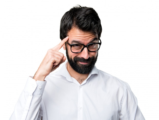handsome man with glasses thinking