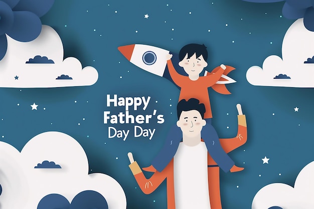 Handsome man with his children Happy fathers day card Paper cut style illustration