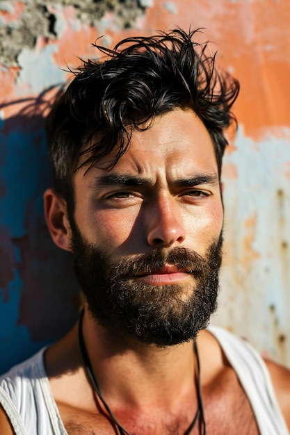 Handsome man with long beard and mustache on serious face listening music with earphones on rusty ba