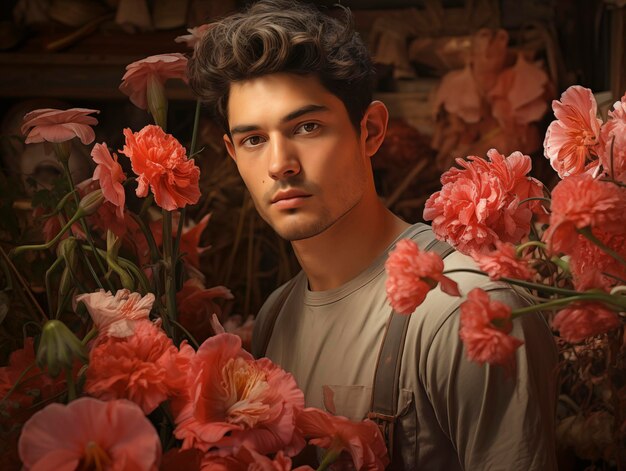 A handsome man with peonies flowers