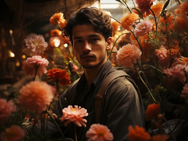 Photo a handsome man with peoy flowers