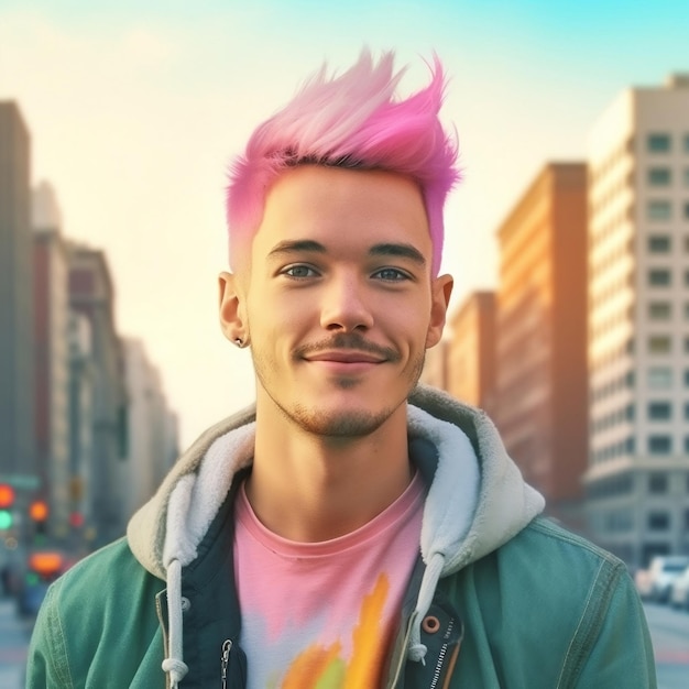 Handsome man with pink hair on the background of streetImage generated by AI