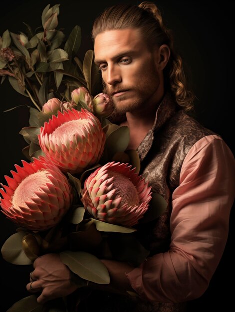 Photo a handsome man with protea flowers