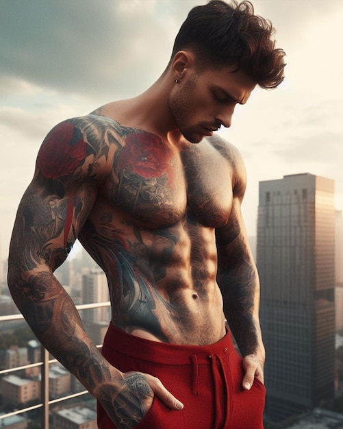 a handsome man with tattoos and red pants