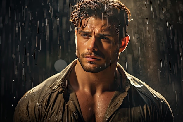 A handsome man with an unbuttoned shirt covered in raindrops