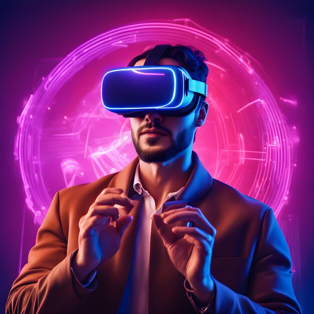 Handsome man with VR glass in metaverse concept collage