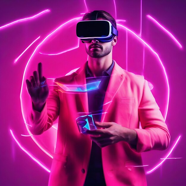 Handsome man with VR glass in metaverse concept collage