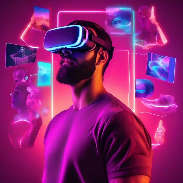 Handsome man with VR glass in metaverse concept collage