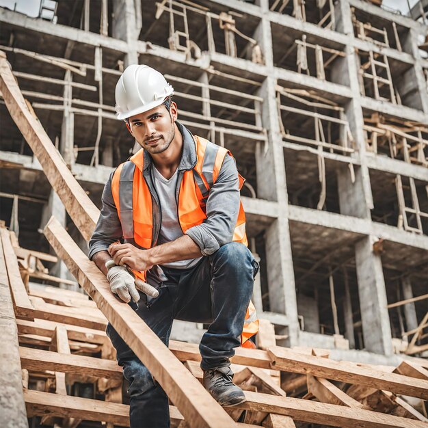 Foto un bel uomo lavora sodo nel cantiere.