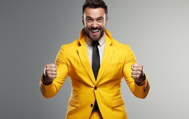 透明な背景に力を持つ黄色のスーツを着たハンサムな男性