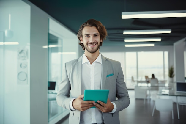 Handsome manager adult businessman or entrepreneur holding a tablet in office corporate portait