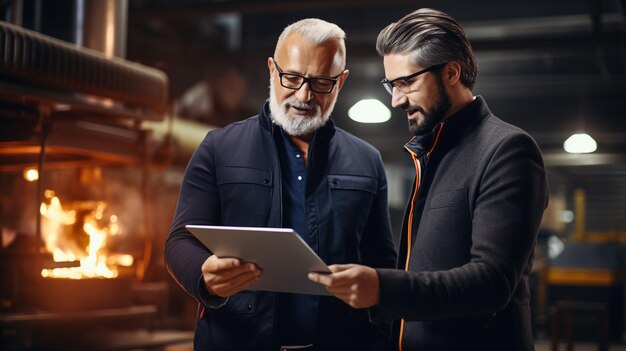 Photo handsome mature engineer in the factory with digital tablet