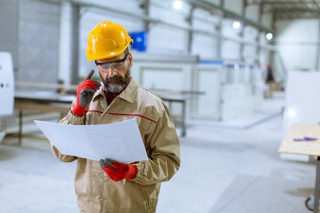 Handsome mature engineer looking at plan in the factory