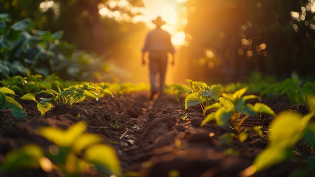 Handsome mature farmer in field of sunflowers at sunset