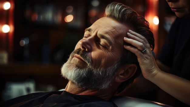 Handsome mature man having his hair cut at barbershop