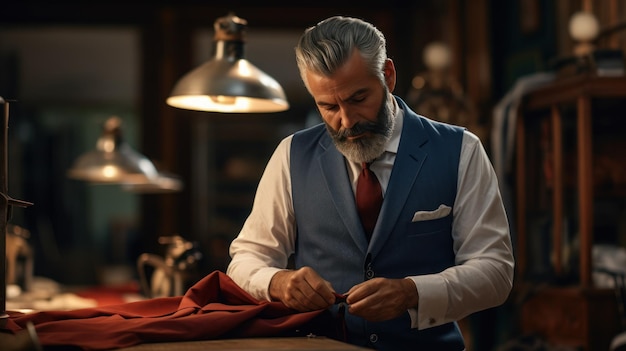 Photo handsome mature man suit tailor working in the shop